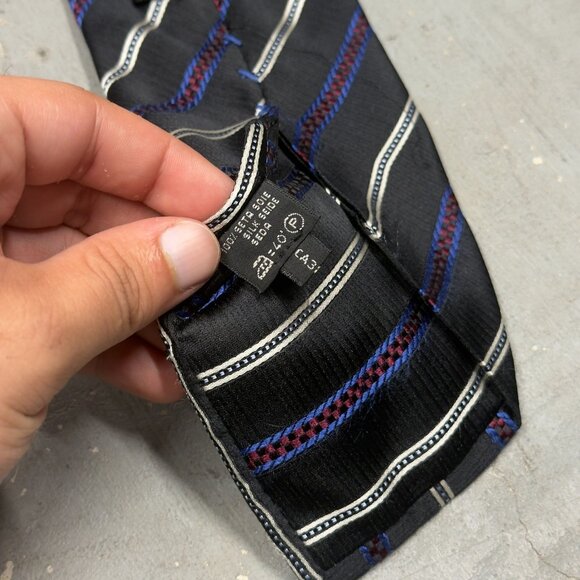 Ermenegildo Zegna Tie Striped 100% Silk Made in Italy Black/Blue Textured 4" - Picture 6 of 7